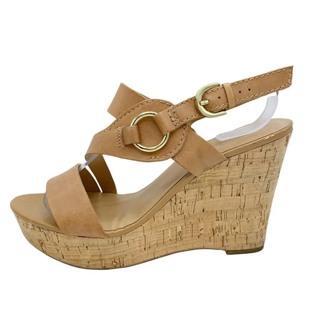 Franco Sarto Surprise Tan Cork Platform Sandals‎ Gold Hardware Ring Detail